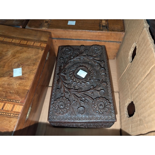 124 - Two 19th century mahogany writing boxes 45 x 35cm and 4 other boxes.