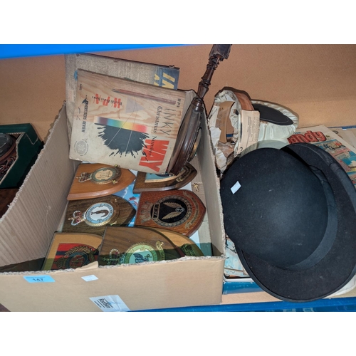 147 - A bowler hat, a barometer, RAF plaques etc.