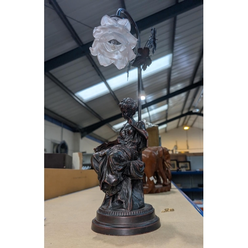 158 - An Art Nouveau style bronzed table lamp in the form of a seated woman.