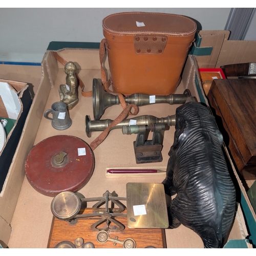 366 - A set of postage scales and weights; binoculars; carved elephant etc