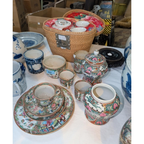 433 - A selection of Chinese Canton ware and a Chinese tea set in wicker basket.