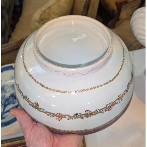 442A - A circa 1800 Chinese punch bowl with polychrome decoration, dia. 29cm (hairline)