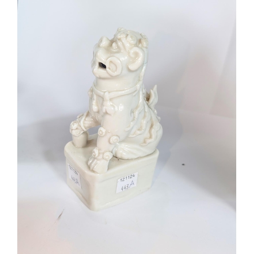 443A - A 17th/18th century Chinese blanc de chine Dehua Buddhistic Lion joss stick holder, ht. 13.5cm