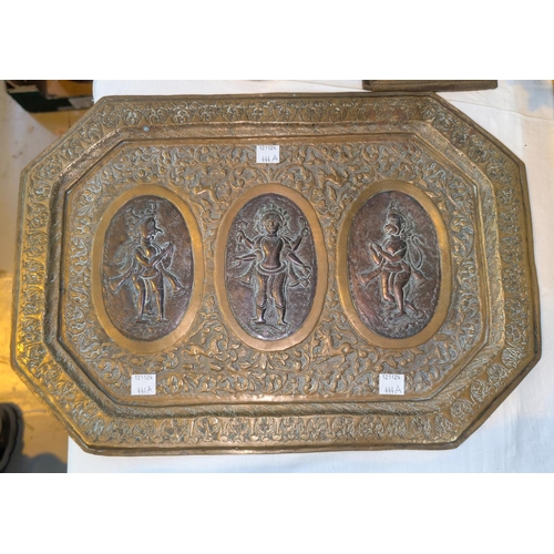 444A - An unusual 19th century Indian Bronzed copper tray with panel decoration of deities, 40.5cm