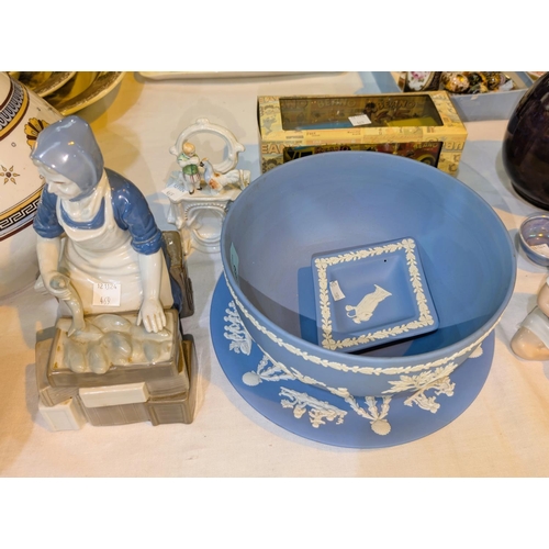 469 - A Royal Copenhagen style group, girls selling fish; a Wedgwood blue Jasperware bowl etc.; a Victoria... 