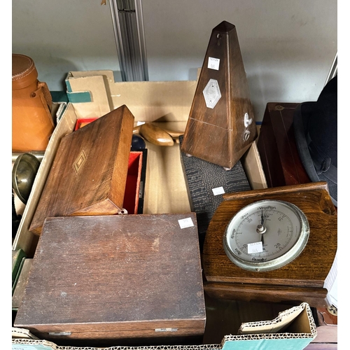 365 - A walnut metronome; 2 jewellery boxes; a barometer; clocks, money box etc