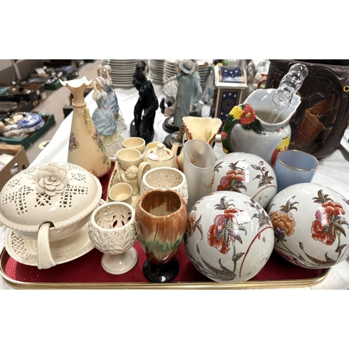 550A - A set of 3 Victorian style carpet bowls and other decorative pottery; a pewter fruit bowl, cruet pie... 