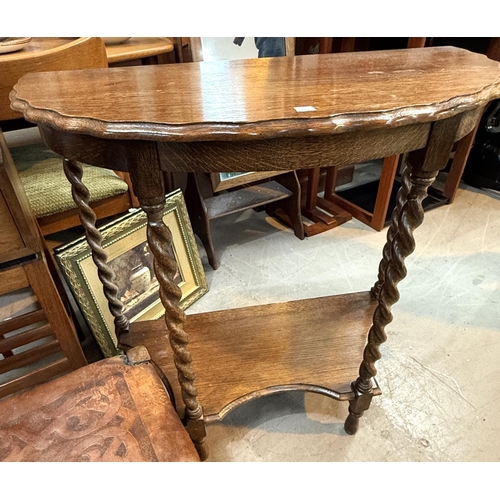 994 - An Edwardian square top 2 tier occasional table; an oak demi lune side table; a long stool