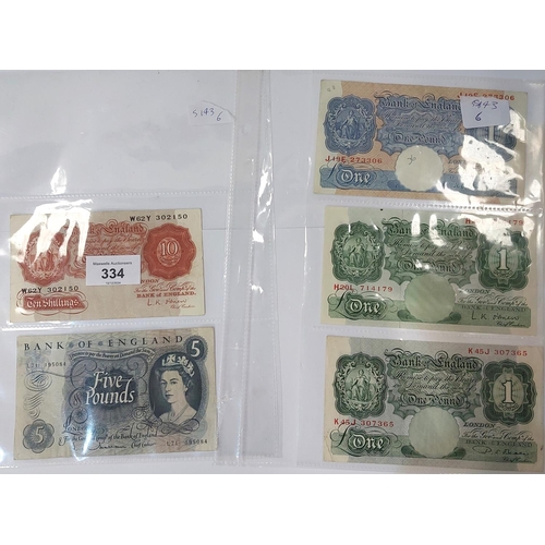 334 - GB banknotes: Hollum &pound;5, Peppiatt &pound;1 blue, O'Brien and Beale &pound;1 green and an O'Bri... 