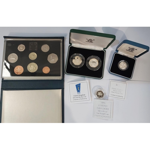 337 - GB silver proof coins: 1998 NHS 50p, 2004 4 - minute mile 50p, 2000 and 2001 &pound;1; a 1986 proof ... 