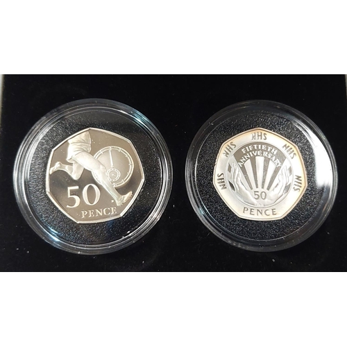 337 - GB silver proof coins: 1998 NHS 50p, 2004 4 - minute mile 50p, 2000 and 2001 &pound;1; a 1986 proof ... 