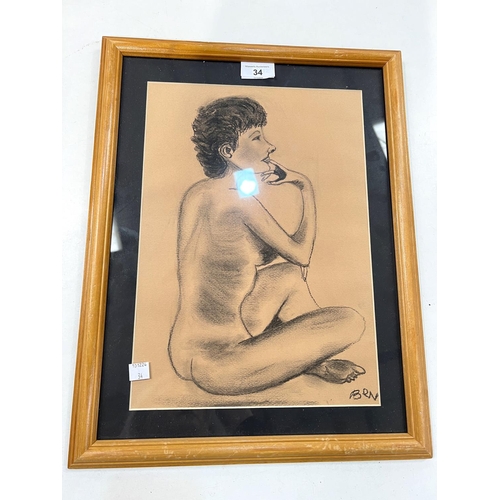 34 - Roy Brooks: four mid 20th century pencil sketch still life drawing portraits of nude women framed an... 