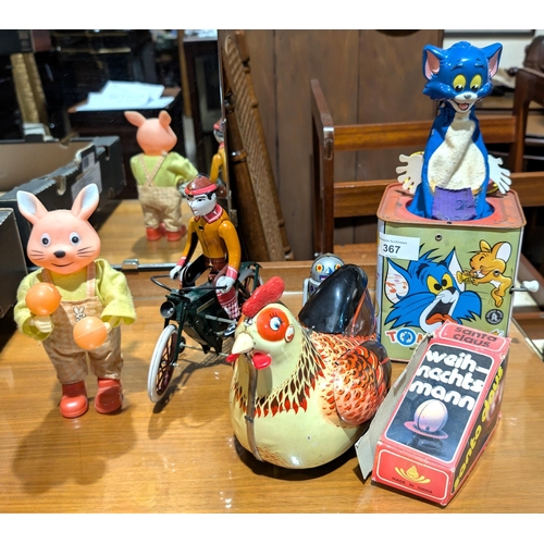 367 - A vintage Rosebud Mattel Tom & Jerry Pop Up music box and other vintage tinplate, etc.