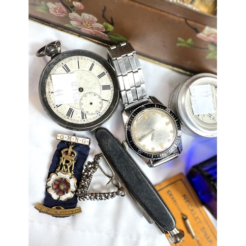 44 - Two silver cased pocket watches (a/f), costume jewellery, thimbles etc.