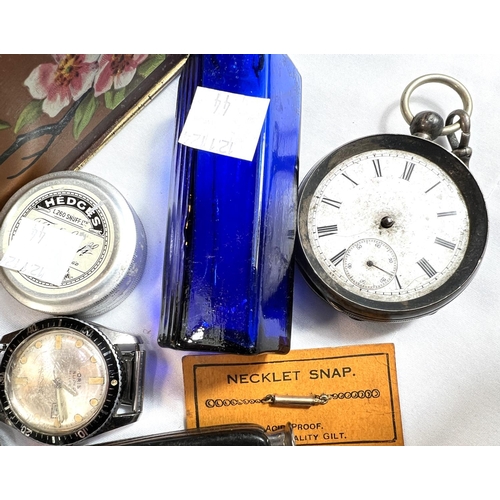 44 - Two silver cased pocket watches (a/f), costume jewellery, thimbles etc.