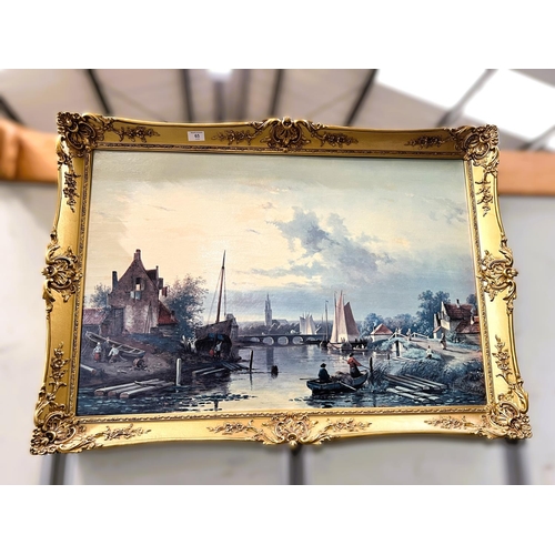 65 - A textured print in gilt frame, 19th century river scene with boat and bridge.