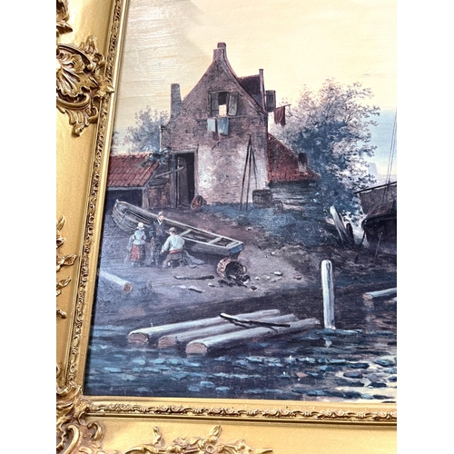 65 - A textured print in gilt frame, 19th century river scene with boat and bridge.