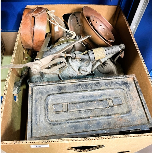 68 - A metal ammunition box: two copper kettles, three blow lamps, balance scales and metalware.No bids s... 