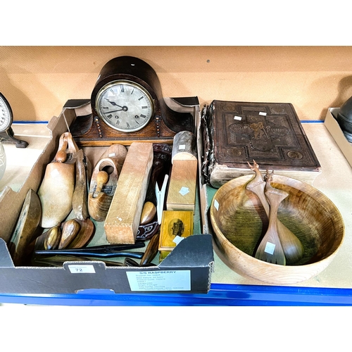 72 - A 1930's striking mantel clock; a selection of treen, a 19th Century leather bound 