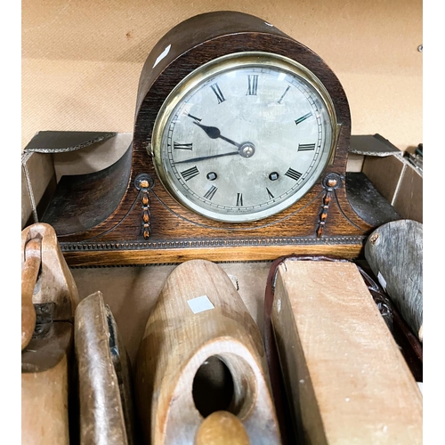 72 - A 1930's striking mantel clock; a selection of treen, a 19th Century leather bound 