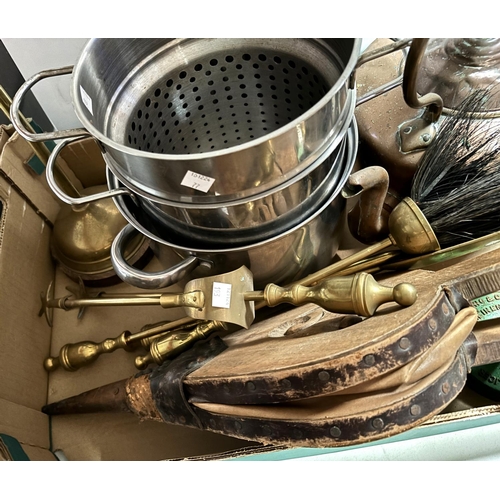 77 - A selection of brassware including a companion set, a copper kettle, bellows etc.