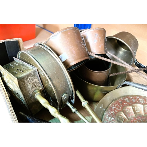 83 - Two copper cider pans, brass nut roasting pans, a Chinese brass jardiniere and other metalware.