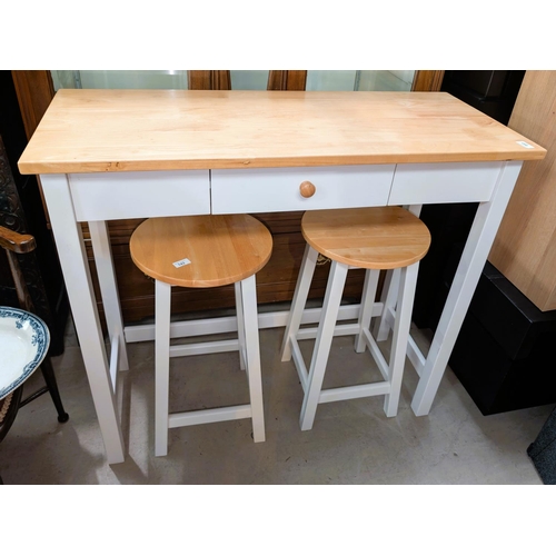 840 - A John Lewis modern kitchen island and two matching bar stools.