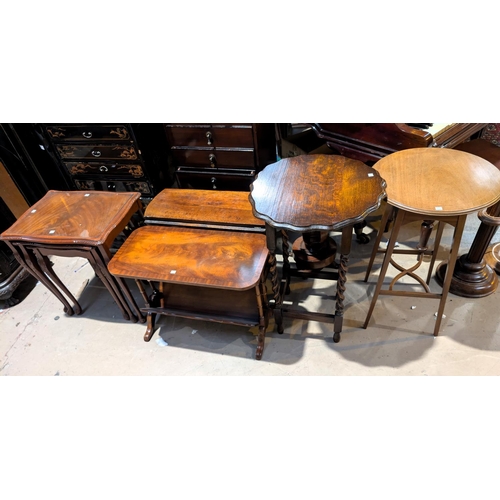 869 - A selection of mahogany and oak tables etc