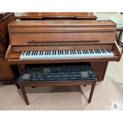 1012 - A good quality Bentley teak cased small upright piano with stool.