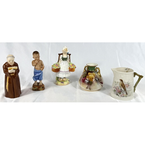 690 - ROYAL WORCESTER, a child figure BURMAH by F. G. DOUGHTY, 2 other figures, a rustic jug and a two han... 