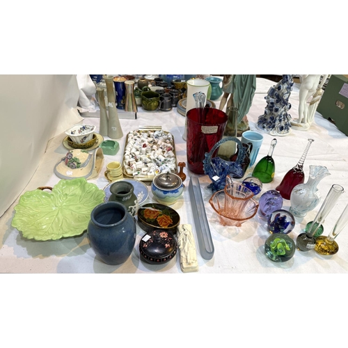 650 - A selection of coloured glassware and a collection of china thimbles.