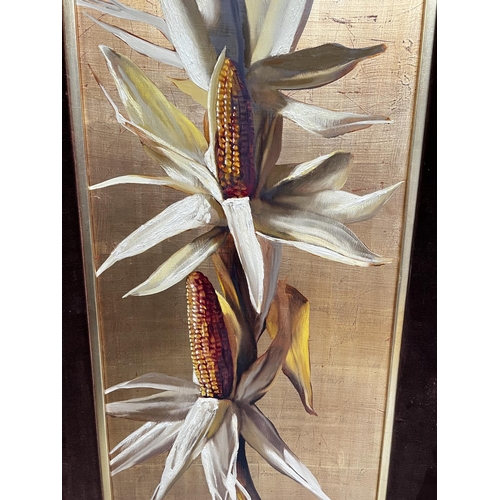 880B - Michael W Huggins (b1927): Still life of a stalk of maize with corn cobs, oil on board, signed and m... 