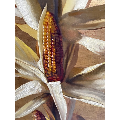 880B - Michael W Huggins (b1927): Still life of a stalk of maize with corn cobs, oil on board, signed and m... 