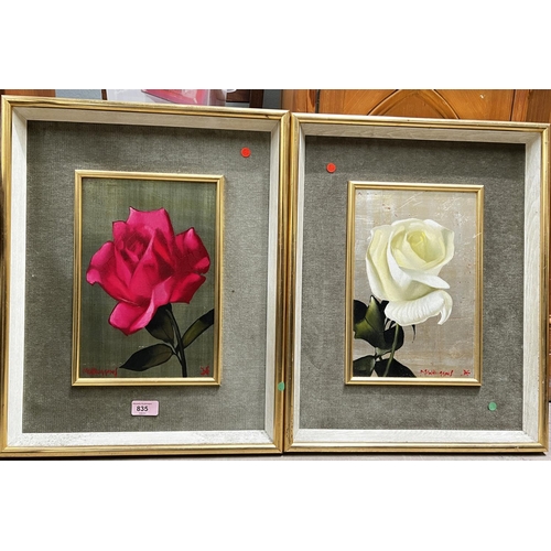 880C - Michael W Huggins (b.1927): Still life of roses, pair of oils on board and foil, one red, one white,... 