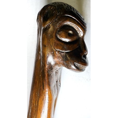 111 - An early 20th Century continental stick with carved head finial, 109cm, and another with ape finial,... 