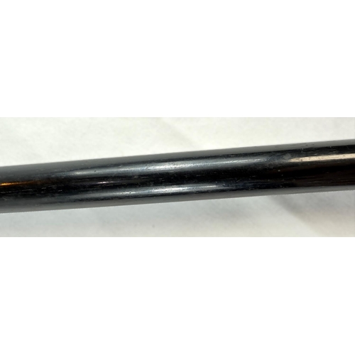 14 - A 19th Century ebony stick with carved ivory handle of a greyhound, 91cms.