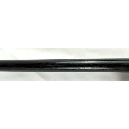 14 - A 19th Century ebony stick with carved ivory handle of a greyhound, 91cms.