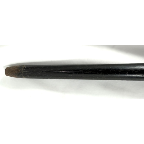 14 - A 19th Century ebony stick with carved ivory handle of a greyhound, 91cms.