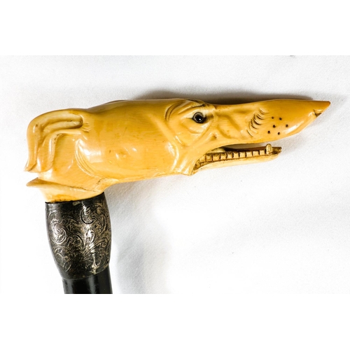 14 - A 19th Century ebony stick with carved ivory handle of a greyhound, 91cms.WITHDRAWN FROM THIS SALE -... 