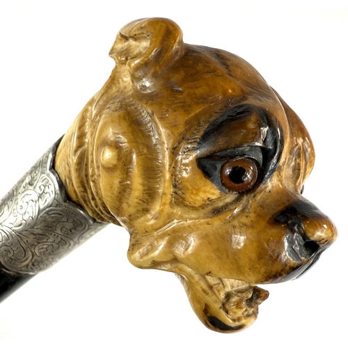 16 - A 19th Century ebony walking stick with carved ivory finial of a rottweiler, 90cms..Submission refer... 