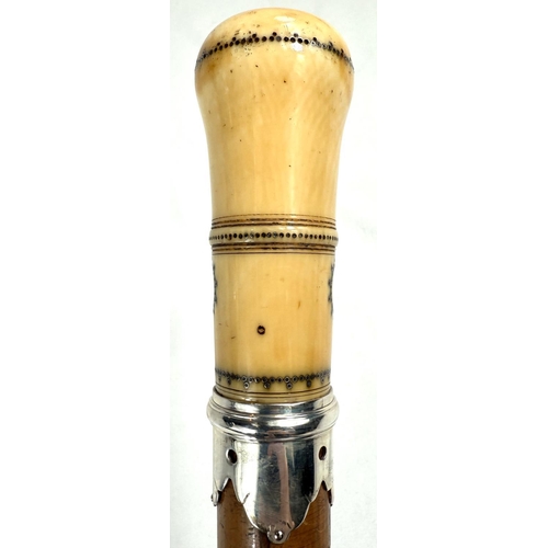 19 - A mid-Georgian period Malacca walking stick having silver mounted and pique work polished ivory fini... 