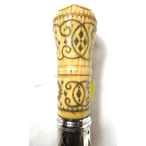 20 - A FINE mid-Georgian Malacca cane walking stick with silver-mounted and pique work polished ivory fin... 