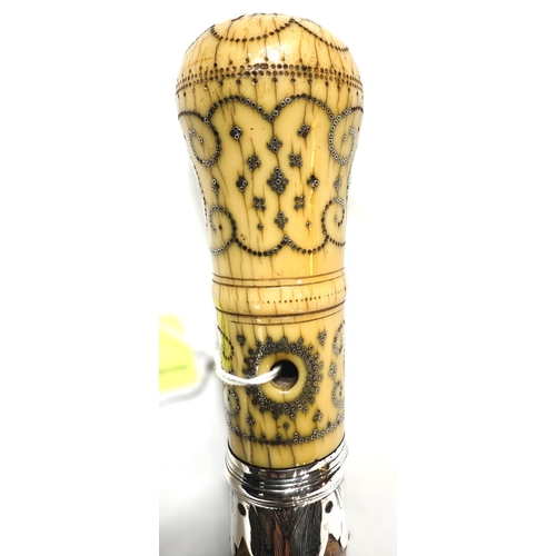 20 - A FINE mid-Georgian Malacca cane walking stick with silver-mounted and pique work polished ivory fin... 