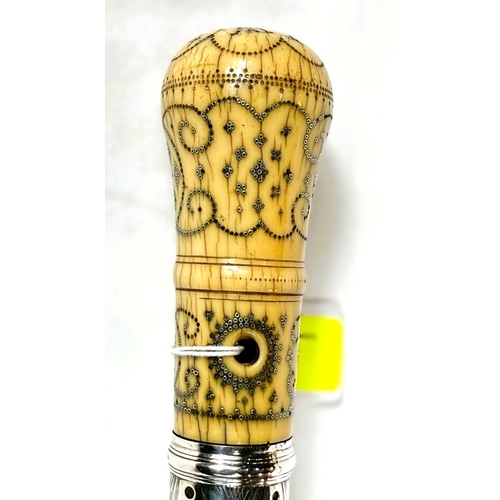 20 - A FINE mid-Georgian Malacca cane walking stick with silver-mounted and pique work polished ivory fin... 