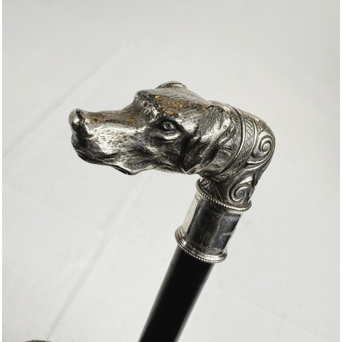 231 - A 19th Century ebonised walking stick with ornate silver-plated dog's head finial, 88cm.