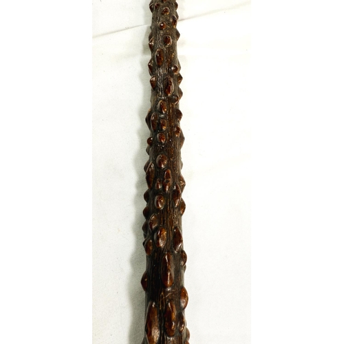 249 - A Chinese walking stick, the shaft with knobbly bark finish and having silver finial decorated in re... 