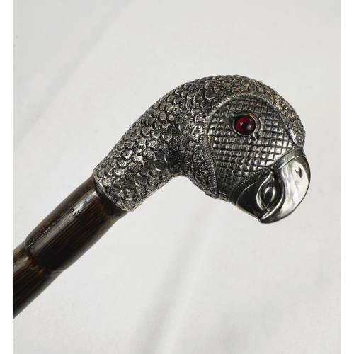 258 - A late Victorian lady's walking cane with silver finial in the form of a parrot's head with glass ey... 