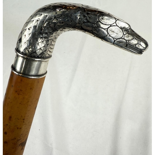 260 - A 19th Century heavy Malacca cane walking stick with silver handle in the form of a snake's head (un... 