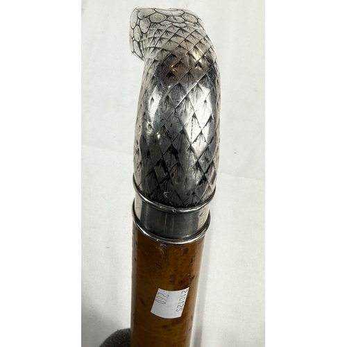 260 - A 19th Century heavy Malacca cane walking stick with silver handle in the form of a snake's head (un... 