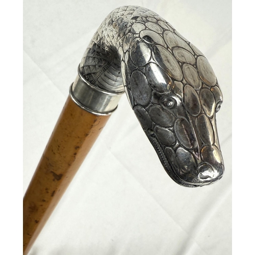 260 - A 19th Century heavy Malacca cane walking stick with silver handle in the form of a snake's head (un... 